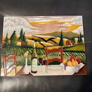 Colorful Ceramic Wall Art with Wine table and winery signed by Ping 15x11